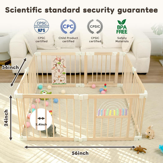 Ulnxiy Foldable Wooden Baby Playpen Activity Center,Adjustable Size & Shape Portable Play Yard, Baby Fence Play Area with Gate for Indoor Use for Babies and Toddlers(84x56x24inches)