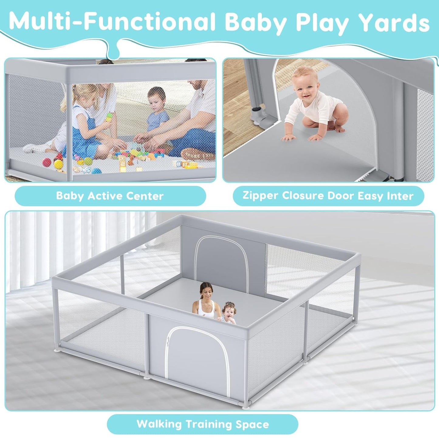 Fshibila 74" ×50" Large Baby Playpen, Baby Playard for Babies and Toddlers, Baby Fence Play Pens for Indoor & Outdoor, Sturdy Safety Play Yard with Soft Breathable Mesh, Anti-Fall, Grey
