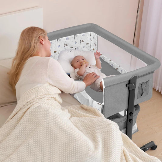 Baby Bassinets Bedside Sleeper, 3 in 1 Baby Bassinet, Adjustable Easy Folding Portable Bed, with Mosquito Nets, Large Storage Bag, Comfortable Mattresses, for Infant/Baby/Newborn (Gray)