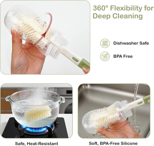 7-in-1 Baby Bottle Brush Set, Silicone Bottle Cleaner Kit with Nipple & Straw Brush, Soap Dispenser, Drying Rack & Travel Storage Case, Baby Bottle Cleaning Essentials (Green-Crocodile