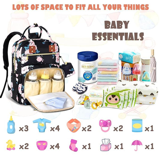 Tenot Baby Diaper Bag Backpack, Travel Diaper Bags for Girl Boy Large Capacity Baby Bag Backpack for Women Black Floral