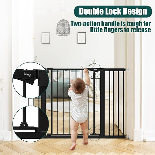 keny 29.7"-46" Baby Gate for Stairs, Auto Close Dog Gates for Doorways, Pressured Mounted No Drilling Pet Gate Extra Wide, One-Hand Opening Dual Lock Stair Gate, Indoor Kids Necessities, Black