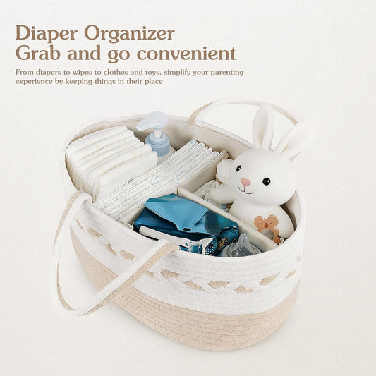 Diaper caddy Organizer, Cotton Rope Gift Basket with Removable Divider, Nursery Storage Organizer for Baby Essentials, Changing Table Diaper Storage Caddy (Pink)