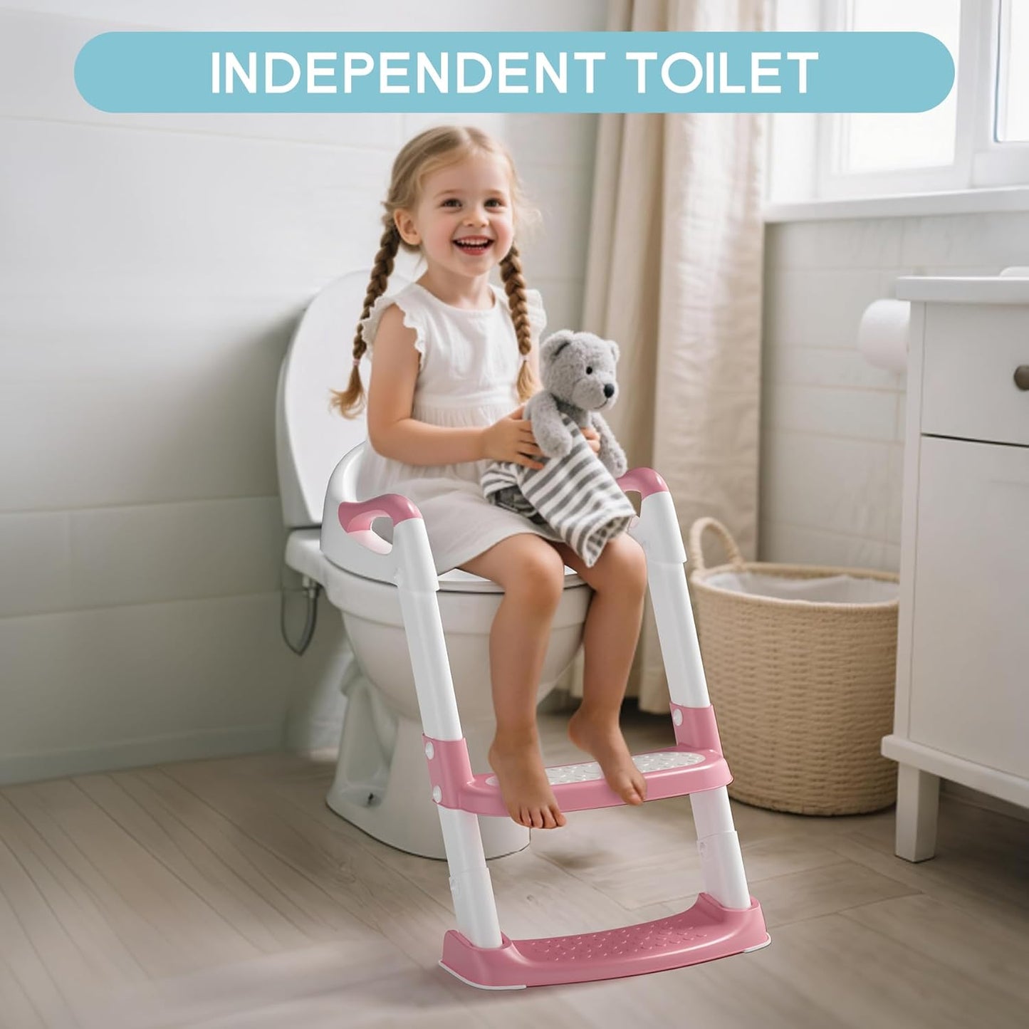 COOSEYA Potty Training Toilet with Step Stool Ladder, Toddler Kids Potty Training Seat for Boys Girls, Foldable Anti-Slip Toilet Toddler Seat Splash Guard Soft Cushion Safety Handles (Grey)