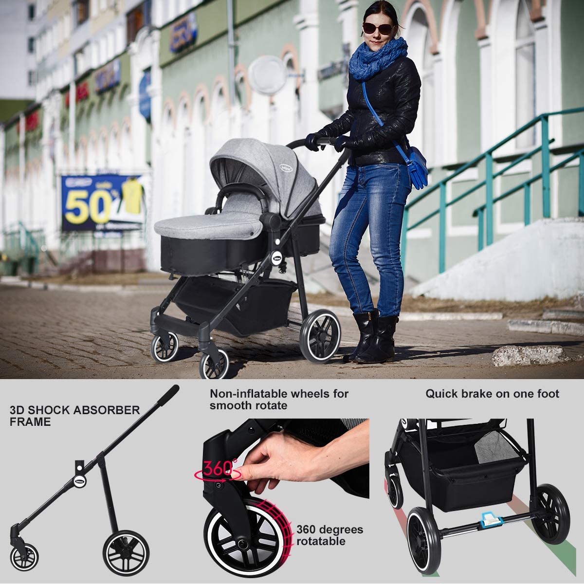 INFANS 2 in 1 Baby Stroller, High Landscape Infant Stroller & Reversible Bassinet Pram, Foldable Pushchair with Adjustable Canopy, Storage Basket, Cup Holder, Suspension Wheels (Black)