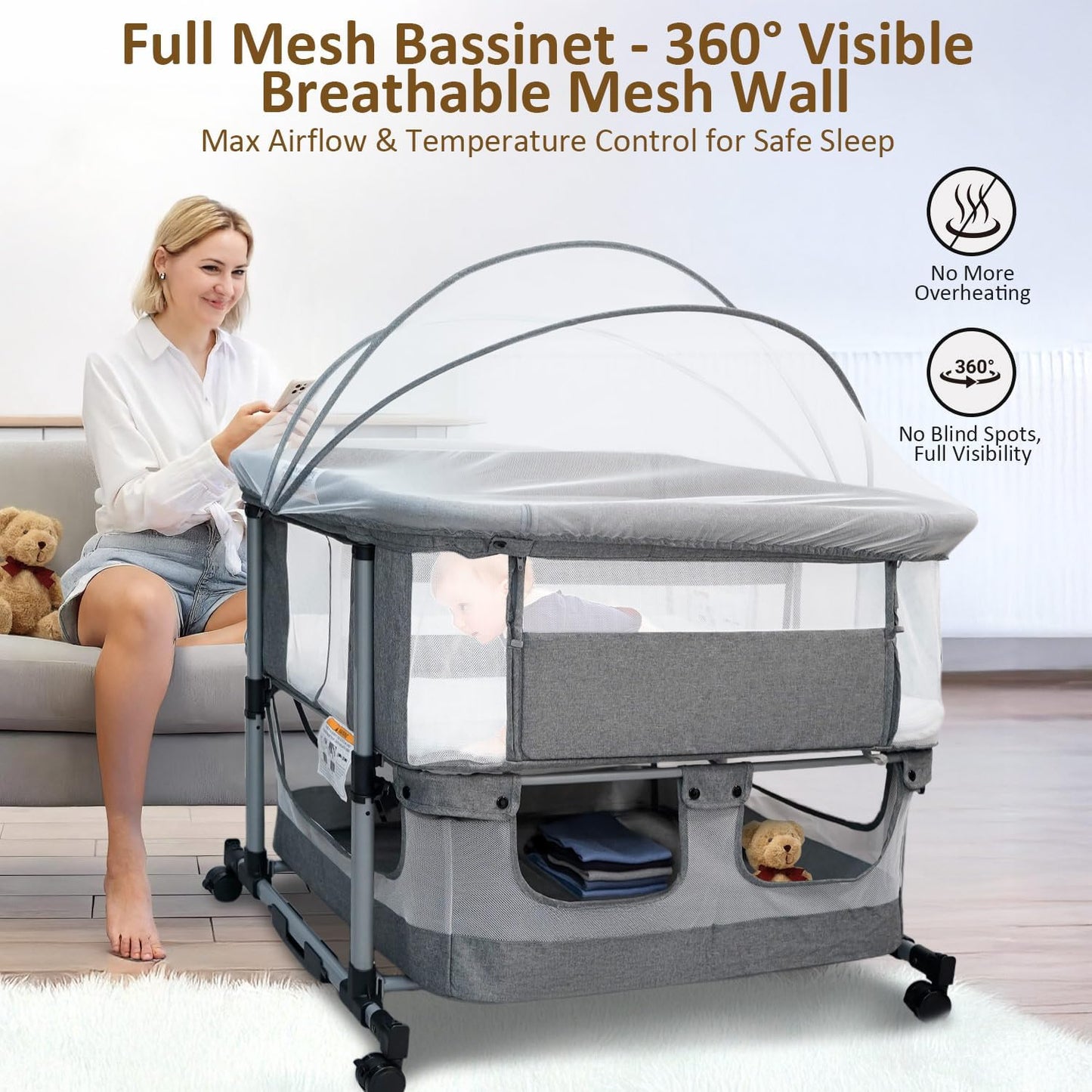 Twin Bassinet for 2 Babies, Double Bassinet for Twins, Baby Bassinet with Wheels, Full-Mesh Sides, 5-Height Adjustable, Portable and Stable Baby Crib for Newborns (Basic Grey)