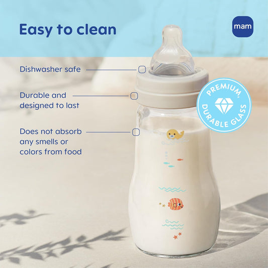 MAM 9oz Feel Good Pure Glass Anti-Colic Wide Neck Baby Bottle, Medium Flow Skin Soft Silicone Nipple, Easy to Clean, BPA Free, 2+ Months, Easy Switch Between Breast & Bottle, Made in Europe, 3 Pack