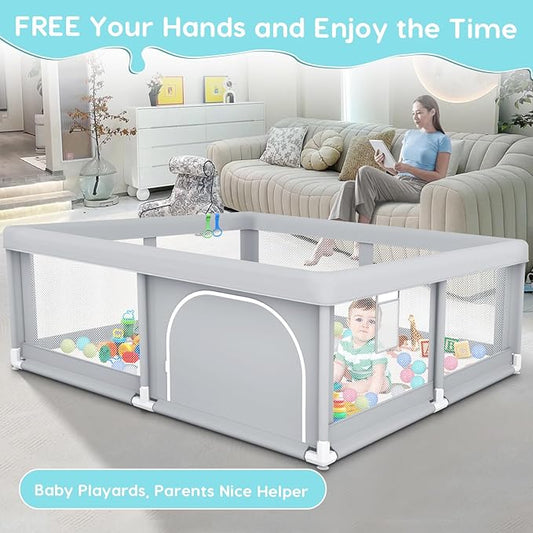 Fshibila 50" ×50" Baby Playpen with Mat, Baby Playard for Babies and Toddlers, Play Pens for Indoor & Outdoor, Sturdy Safety Play Yard with Soft Breathable Mesh, Anti-Fall, Ball x 18, Handle x 2, Grey