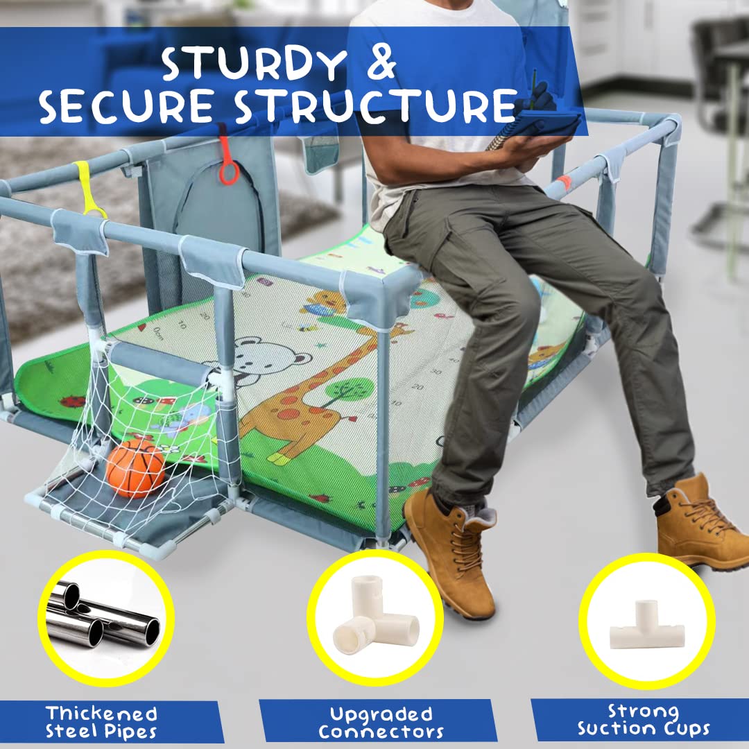 Upgraded Playpen with Enhanced Thick Foldable Mat, Balls, 4 Rings, Storage Bag, Basketball Hoop & Soccer Nets - Play Yard - Sport Playpen - Activity Center - BPA-Free, Non-Toxic, Safe