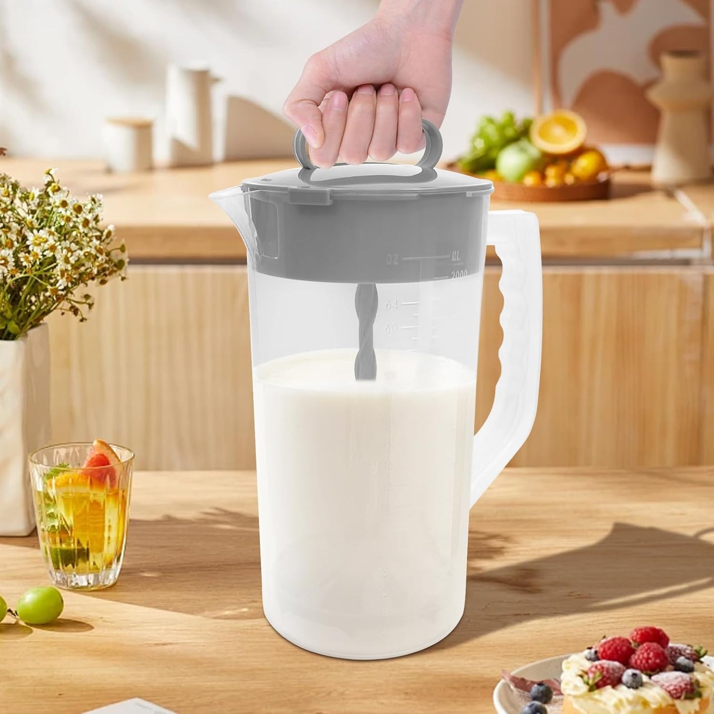 1 Pack Mixing Pitcher for Drinks 2 Quart/ 64oz Plastic Water Pitcher with Lid,Easy-Mix Juice Container,Angled Plastic Blades and Adjustable Mixer Plunger for Juice, Tea, Beverage Container