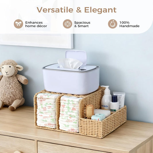 Diaper Caddy Organizer, Hand Rattan Nursery Storage Basket for Baby Essentials, Baby Changing Table Organizer Perfect Nursery Assistant (Natural Light Woven - Style 1, M)