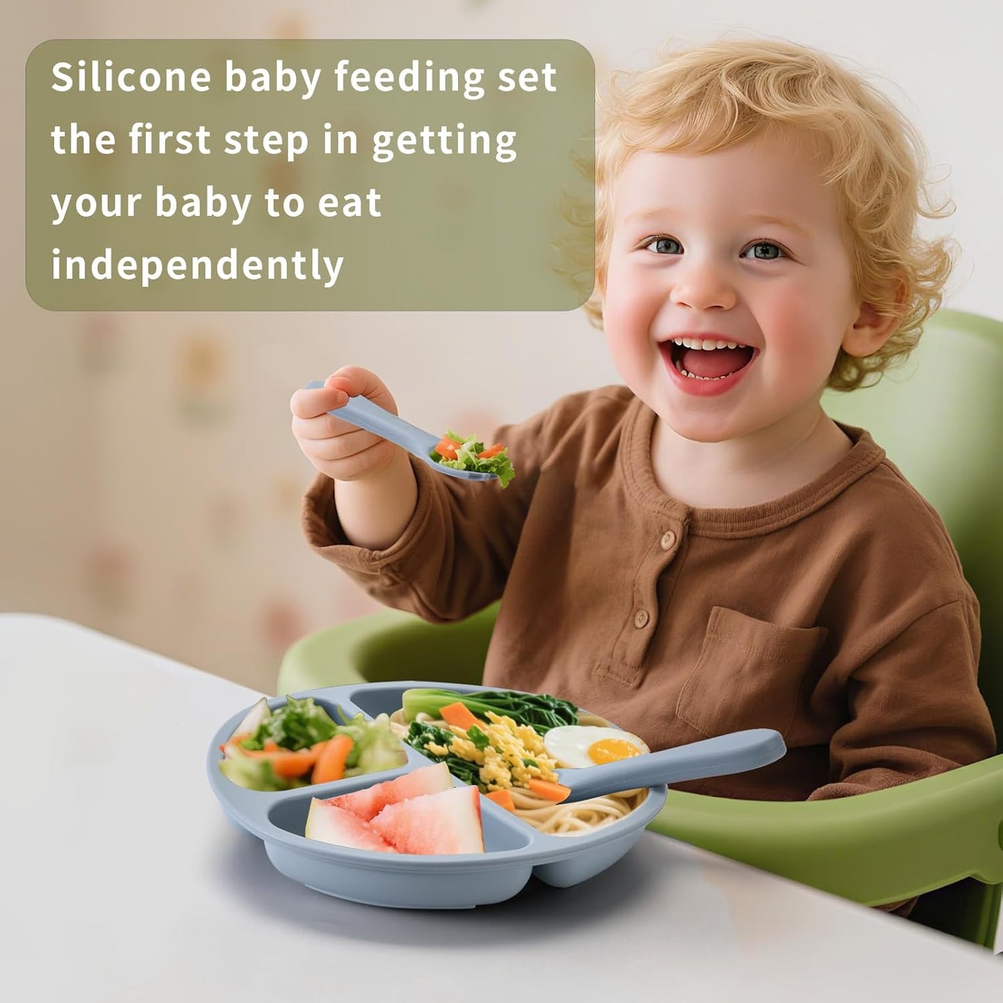 Baby Silicone Feeding Set, Baby Weaning Set, Baby Essentials, Includes Baby Spoons, Baby Bibs, Suction Plates for Baby, Baby Bowls, Food Grade Silicone, BPA Free (A-1)