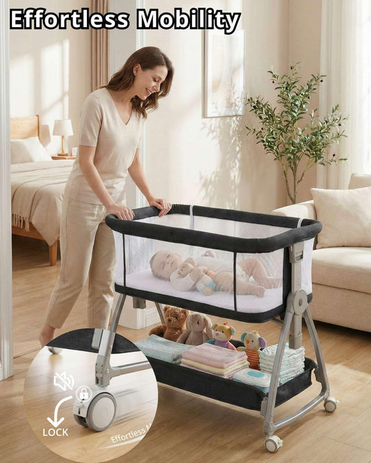 Bedside Bassinet for Baby, Sturdy 3 in 1 Bedside Sleeper with Mattress & Wheels, Height Adjustable, Breathable Mesh, Storage Basket, Easy to Assemble for Newborn, Grey