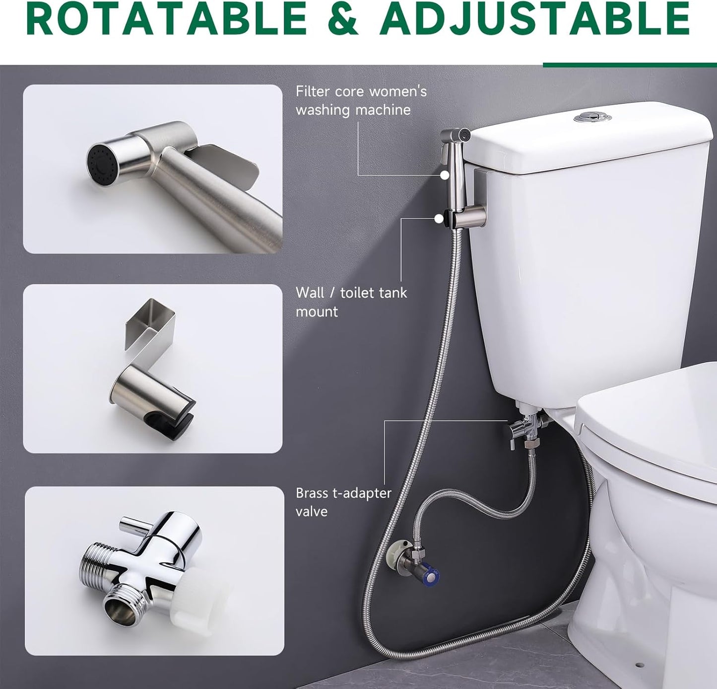 Handheld Bidet Sprayer with 2 Replacement Filters for Toilet, Muslim Shower for Feminine Wash & Cloth Diaper Washer, Stainless Steel Adjustable Water Pressure with Bidet 4ft Hose Set, Brushed Nickel