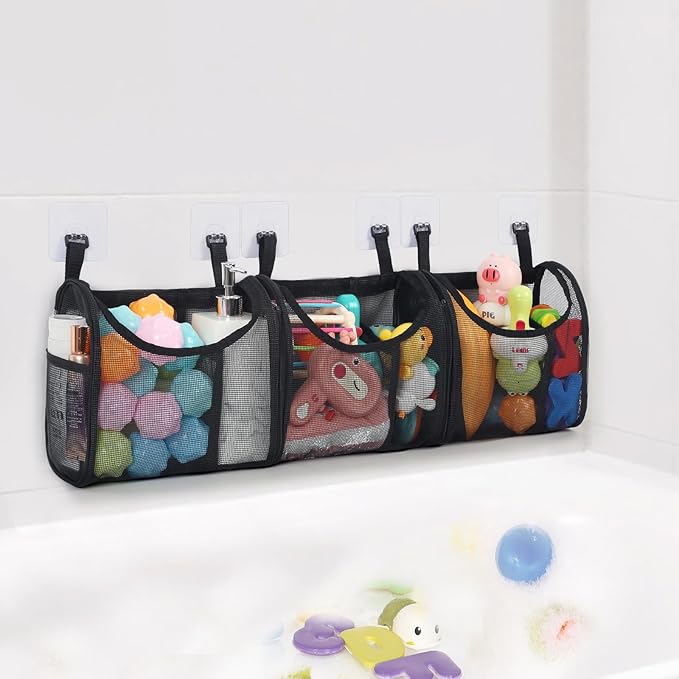 Bathtub Toy Storage, 6 Compartments Detachable Bath Toy Holder for Bathtub, Large Bath Toy Organizer, Quickly Dry Bath Toy Net Basket, Mesh Shower Caddy for Sorting Toys Toiletry - Black