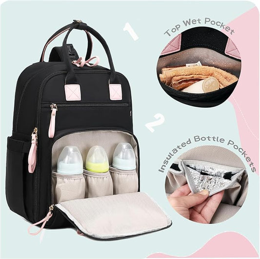 LORADI 18 Pockets Large Diaper Bag Backpack with 4 Insulated Pockets and Stroller Clips, Baby Shower Essentials (Black, Large)