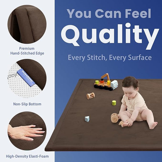 Extra Large 79"x118" Baby Activity Play Mat for Floor, 1.3" Thick Elasti Foam for Tummy Time & Crawling, Non-Slip Nursery Rug for Infants, Toddlers & Kids, Tatami Style Mat for Yoga, Living Room, Classroom & Playroom(Dark Brown)