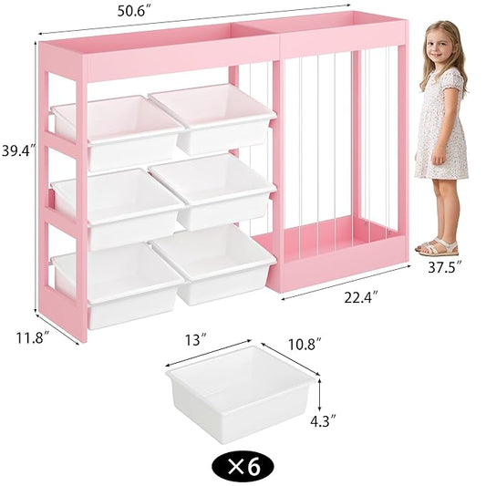 50.6" W Toy Organizers and Storage, 3-in-1 Kids Toy Storage Cabinet with Stuffed Animal Holder, 6 Plastic Removable Bins, Wooden Shelf for Girls Boys Playroom, Nursery, Kids Room(Pink)