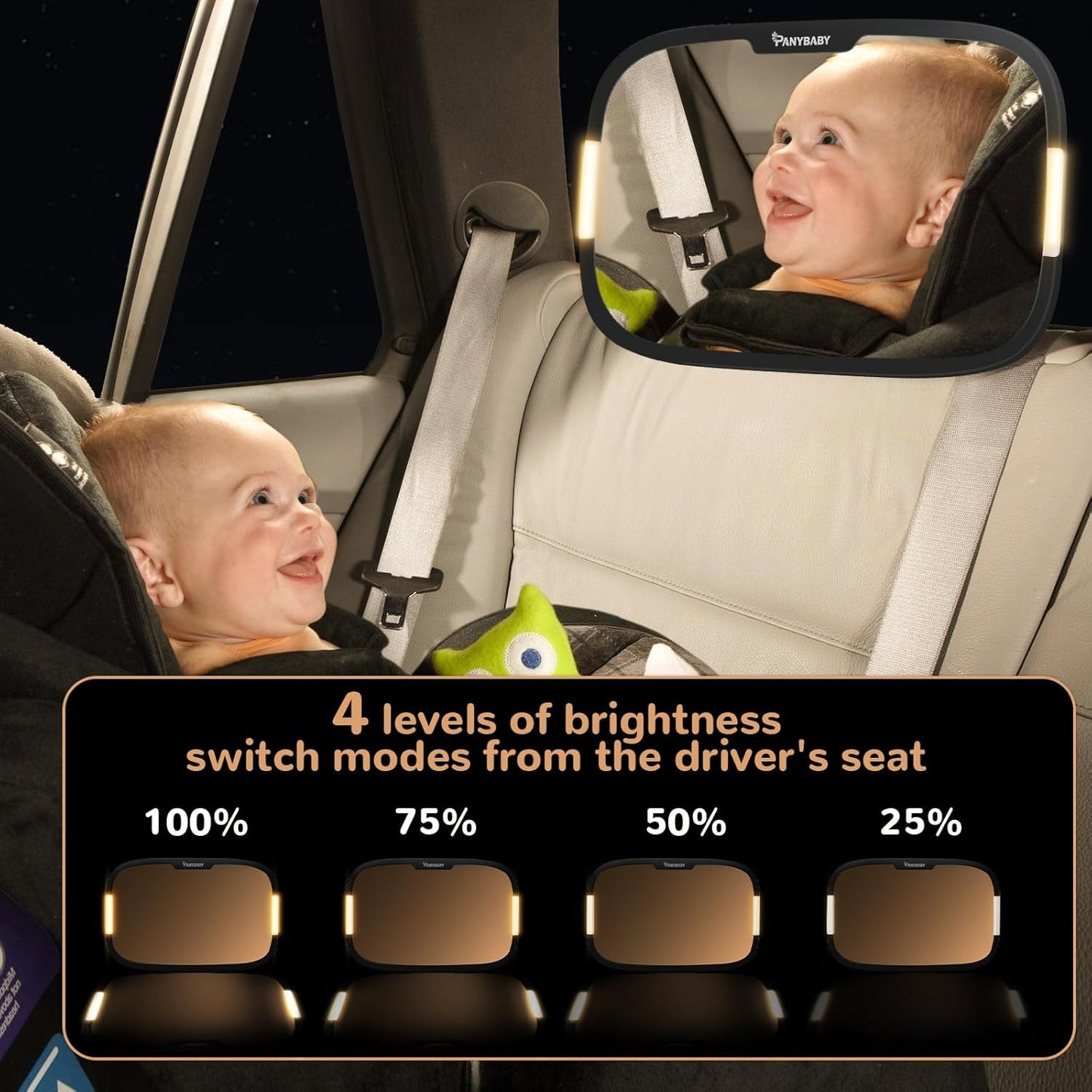 LED Baby Car Mirror With Light for Day and Night Driving, Safety Car Seat Mirror for Rear Facing with Wide Crystal Clear View, Shatterproof, 360° Rotation, Crash Tested and Certified
