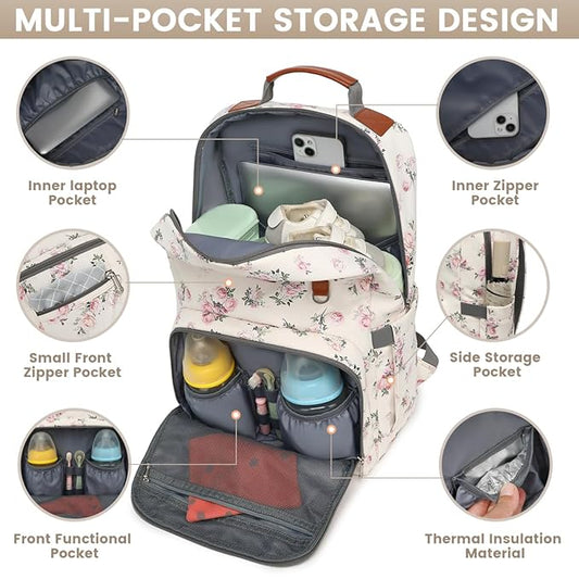 Diaper Bag Backpack, Large Baby Nappy Bags with Portable Changing Pad for Boys and GirlsMultifunction Travel Baby Bag for Moms Dads, Shower Gifts Waterproof and Stylish,Flower Beige
