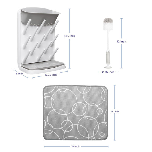 Ubbi Vertical Spacing Saving Bottle Drying Rack with 13 Pegs, 2-in-1 Bottle Brush & Microfiber Drying Mat Bundle, Newborn Baby Essentials, Baby Registry Must Haves, New Parent Gifts, Gray