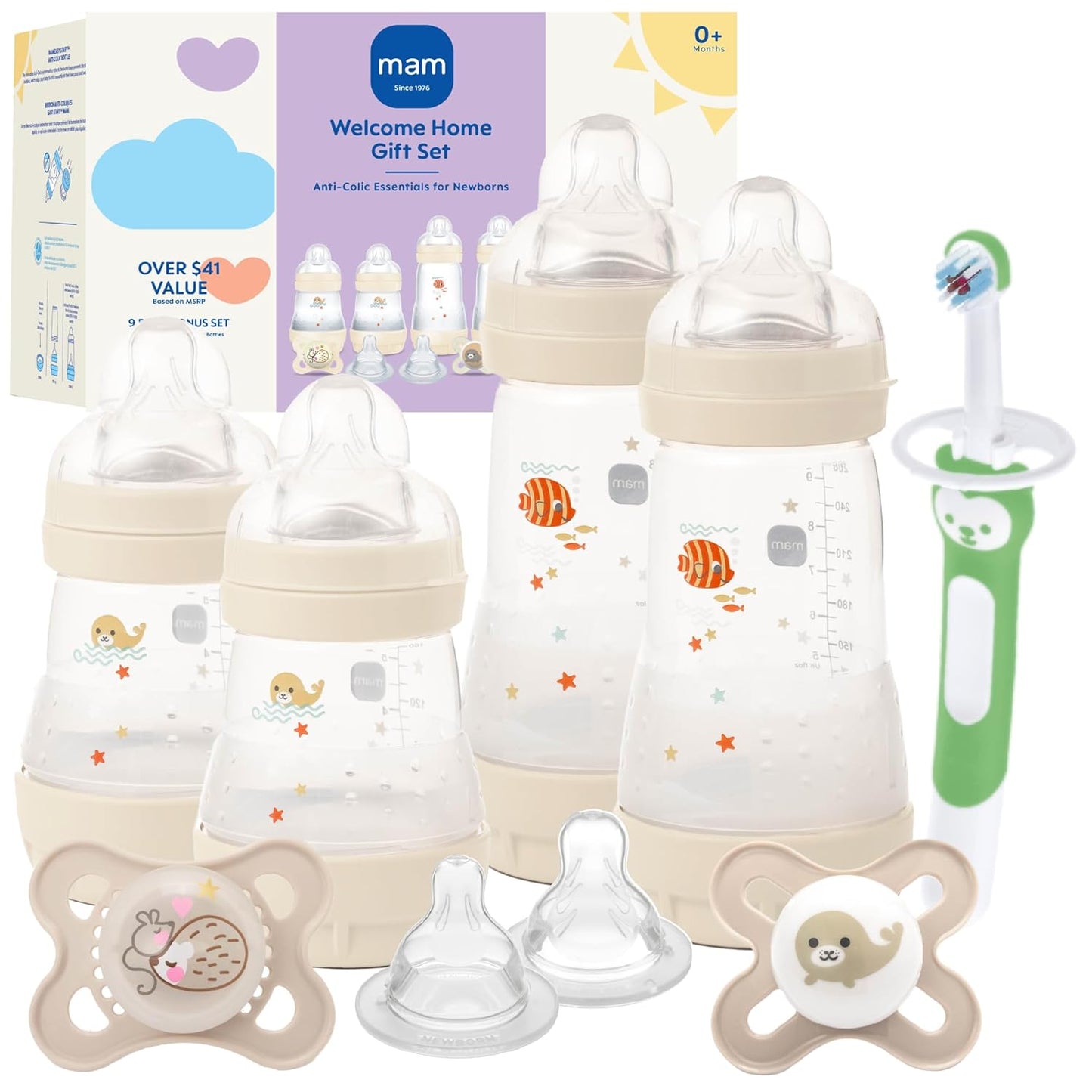 MAM Easy Start Anti-Colic Baby Bottle Starter Set – 4 Self Sterilizing Bottles (5oz & 9oz) + 2 Newborn Pacifiers Breastfed Baby Feeding Gift Set