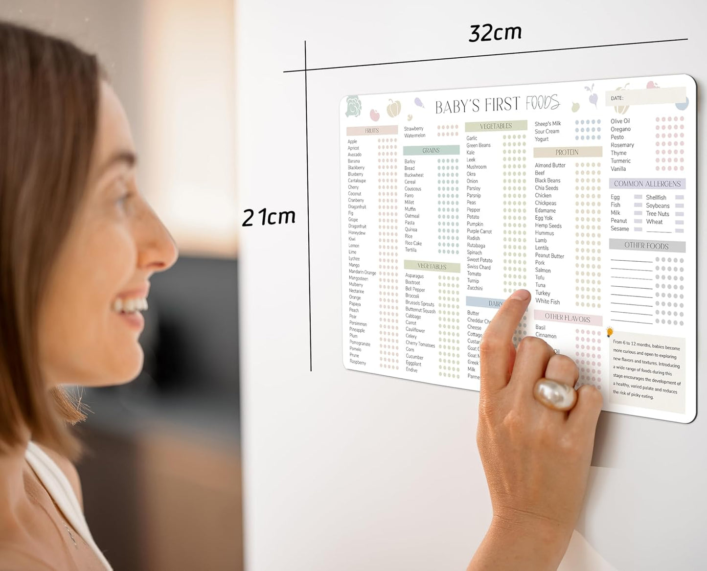 BIROYAL Baby First Foods Tracker Fridge Magnet, Led Weaning Supplies, 12"x8" Dry Erase Daily Food Log, 101 Foods Checklist Before One, Baby Feeding Essentials
