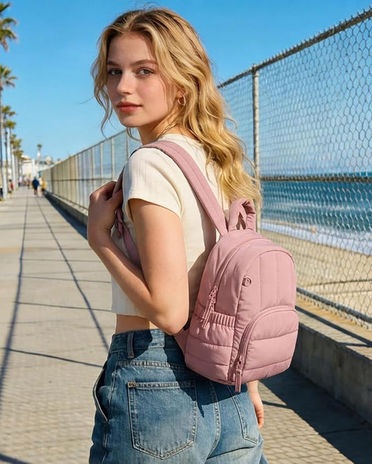 BAGSMART Mini Backpack for Women, Lightweight Puffer Small Backpack Purse, Quilted Casual Travel Daypack, Cute Water-Resistant Bookbag for Daily, Dark Pink