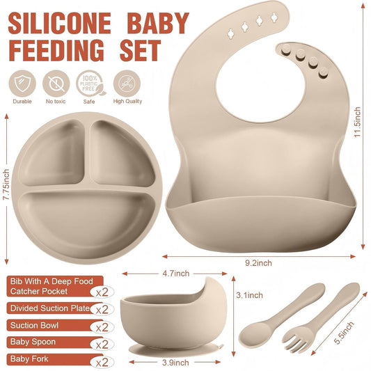 10 Pack Silicone Baby Feeding Set, Toddlers Led Weaning Feeding Supplies with Suction Baby Bowl Divided Plate Adjustable Bib Soft Silicone Spoon Fork, Infant Self Eating Utensil Set (Gray, Khaki)