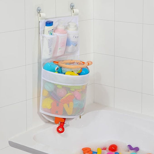 Ligereza Baby Bath Toy Organizer, quick drying, and mould proof, Multiple-Suspension Bath Toy Holder, Large Capacity Multi Use Bathtub Toy Storage Bag(1 Large, White)