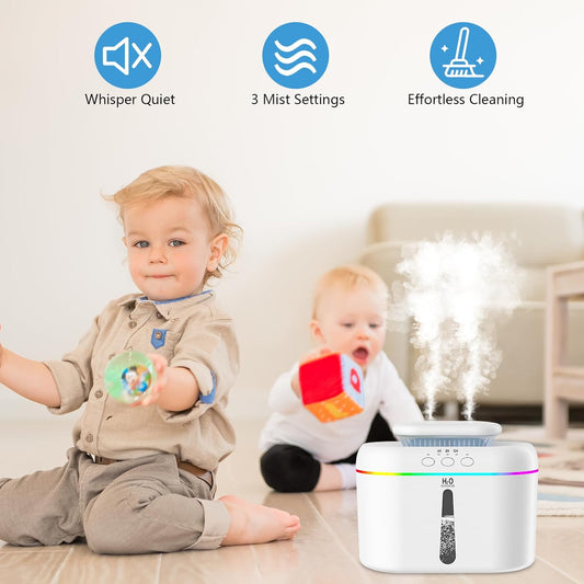 2L humidifiers for bedroom humidifier Home Ultra-Quiet 28 dB Quiet Supersized Cool Mist Air Humidifier for Baby Nursery,Dual Nozzie,Easy to Clean & Fill, 7 Color NightLight (White)