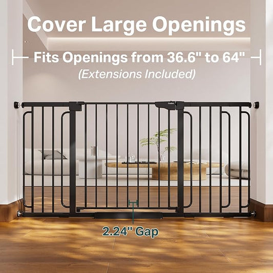 Cumbor 36.6-64" Extra Wide Baby Gate for Stairs, Dog Gates for Doorways, Auto-Close Pet Gate Indoor, Pressure Mounted Walk Through Safety Child Gate for Kids Toddler, Tall Pet Puppy Fence Gate, Black