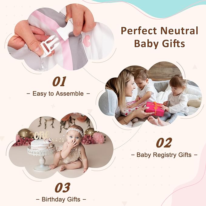 Baby Play Gym & Activity Mat, Tummy Time Mat with Cloud Toy, 7 Detachable Sensory Toys and Educational Cards for Motor Skills & Sensory Development, Baby Essentials Shower Gift, Pink Elephant