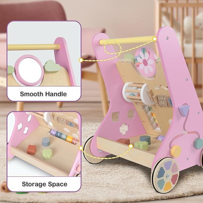 Baby Walker with Wheels, Wooden Push Walker Toys for Babies 10-12 Months, Baby Girl Walking Activity Toys for 1 Year Old