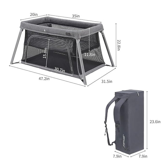 Gromast 2 in 1 Portable Travel Crib for Toddler, Foldable Crib for Baby, Lightweight Playpen Collapsible Playard with Soft Mattress, Easy to Carry Baby Travel Bed for Outdoor, Indoor (Grey)