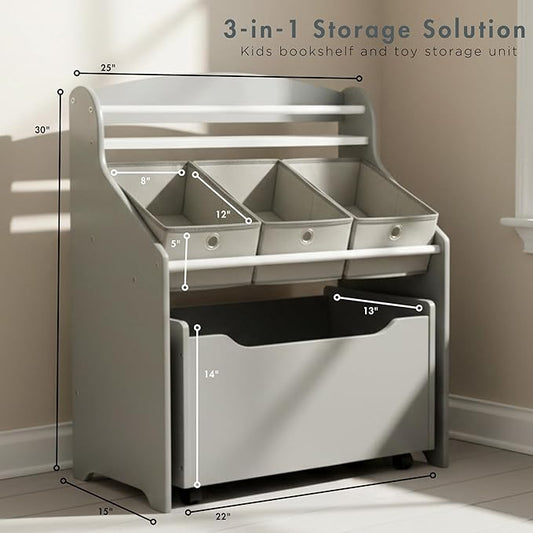 Humble Crew 3-in-1 Kids Bookshelf and Toy Storage Organizer, Grey - Toddler Organizers with Rolling Toy Box and 3 Fabric Bins – Sturdy Baby Book Shelf, Perfect for Nursery and Playroom