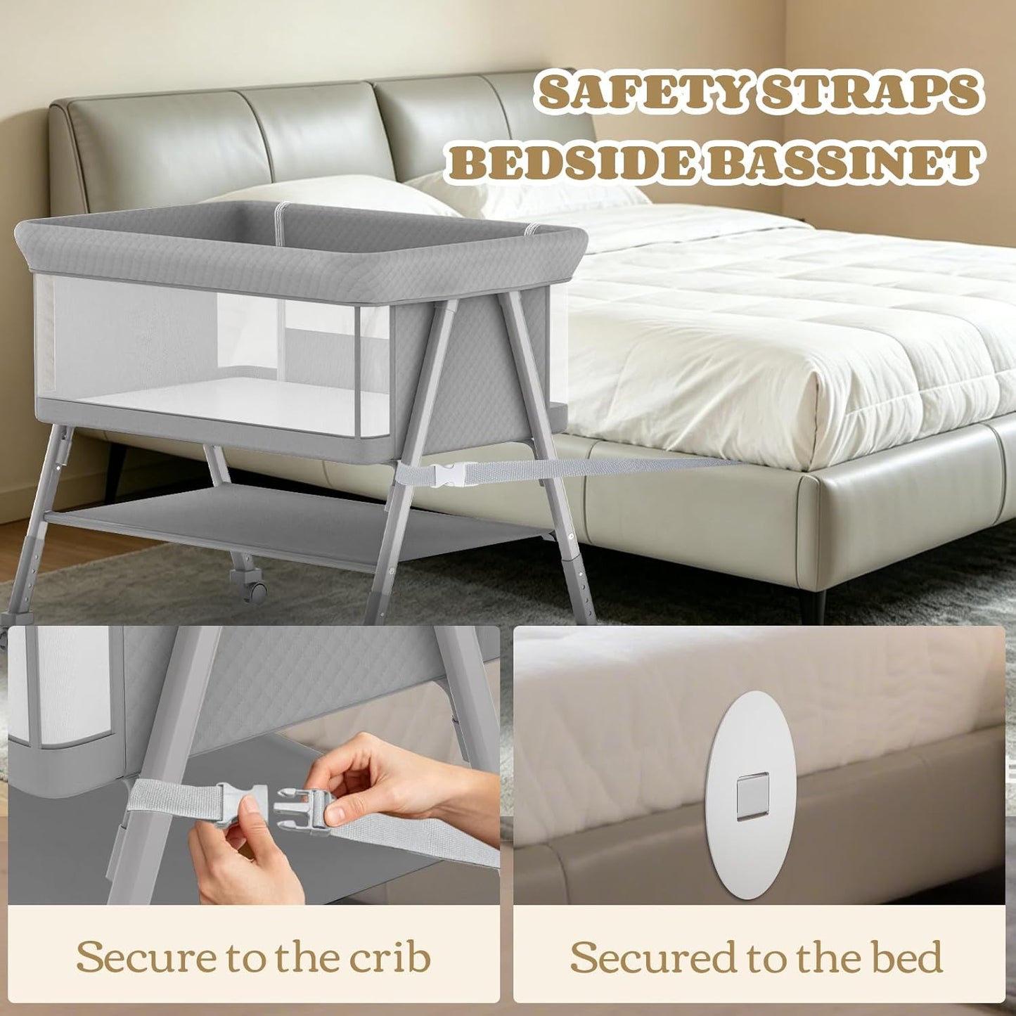 Baby Bassinet, 3-in-1 Baby Bassinets Bedside Sleeper for Newborn with Breathable Mesh, Portable Baby Crib with 4- Adjustable Height, Mattress, Storage Basket & Lockable Wheels, CPSC Beige