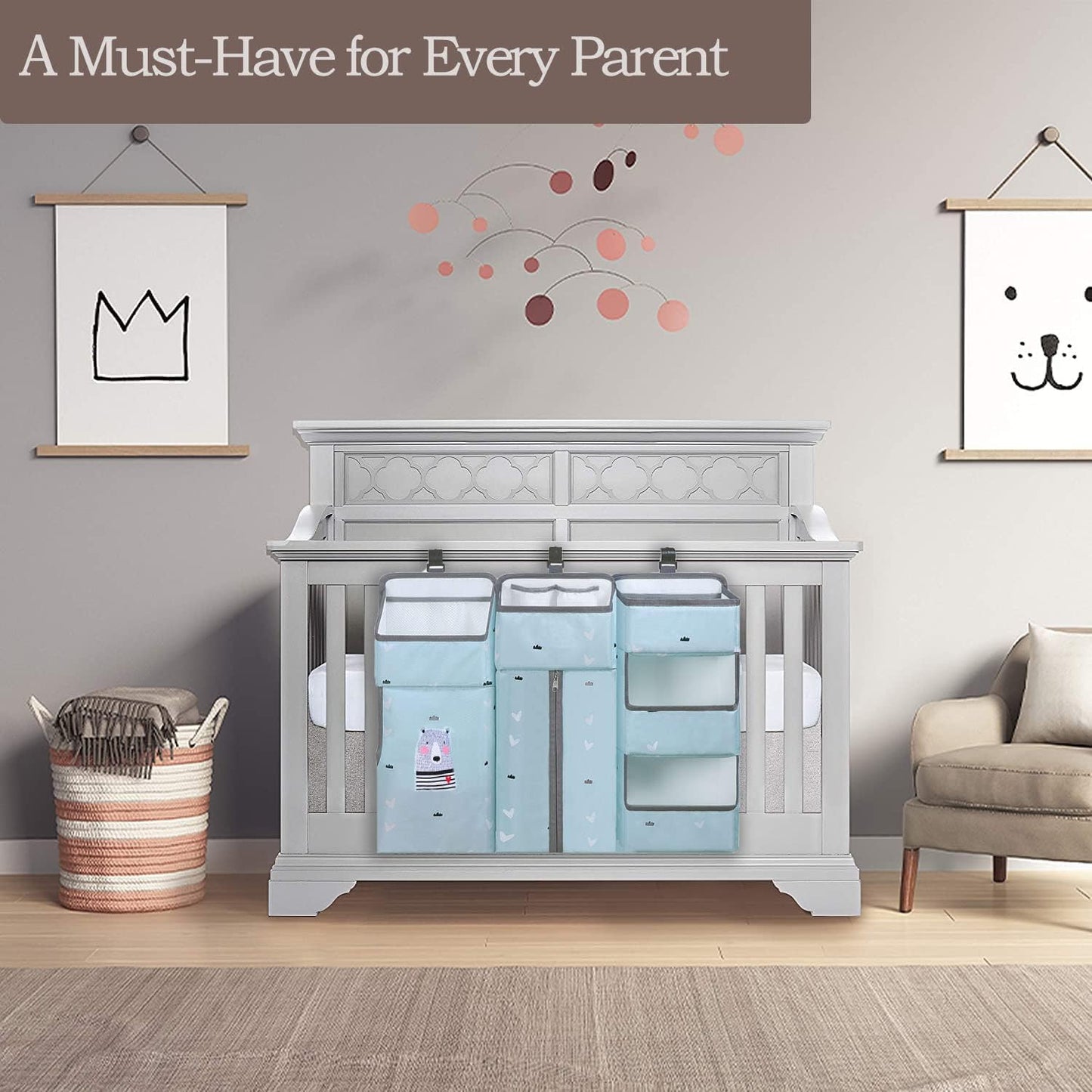 Hanging Diaper Caddy Organizer for Baby Crib - 3-in-1 Diaper Stacker for Changing Table Nursery Organization Storage Holder for Baby Essentials Attachment Portable Combining (Light grey)