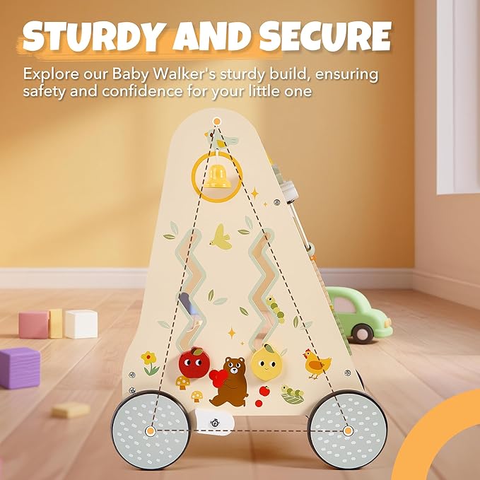 Pithfor Wooden Baby Push Walker, Baby Walker with Activity Center for Girls Boys, Montessori Sensory Push Toys for Babies Learning to Walk & Sit-to-Stand
