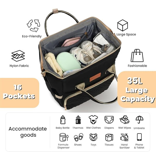 ROSEGIN Diaper Bag Backpack with Changing Pad Pacifier Case, Baby Bag for Boy Girl Toddler - Large,Stylish, Waterproof Travel Quilted Diaper Bag for Mom - Baby Shower Gifts, Black