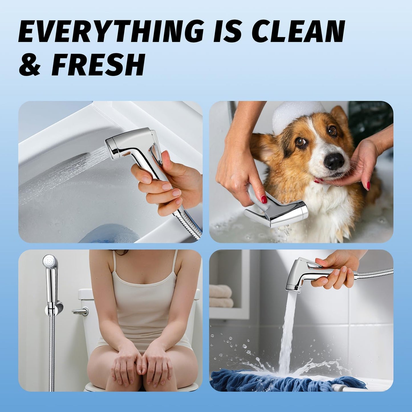 Handheld Bidet Sprayer for Toilet, Bidet Sprayer Kit with Stainless Steel Hose for Feminine Wash, Adjustable Water Pressure Handheld Sprayer for Cloth Diaper Wash (Chrome Silver)