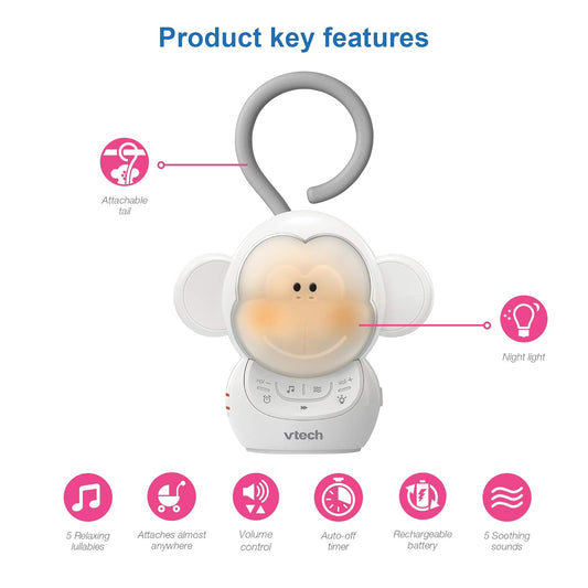 VTech Communications BC8211 Myla The Monkey Baby Sleep Soother with a White Noise Sound Machine Featuring 5 Soft Ambient Sounds, 5 Calming Melodies & Soft-Glow Night Light, 1 Count (Pack of 1)