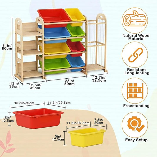 Toy Storage Organizer, Toy Organizers and Storage with Stuffed Animal Storage, Kids Toy Storage Shelf with 3 Shelves 8 Storage Bins, Kids Bookshelf, Toy Holder for Playrooms, Bedrooms, Multi Color