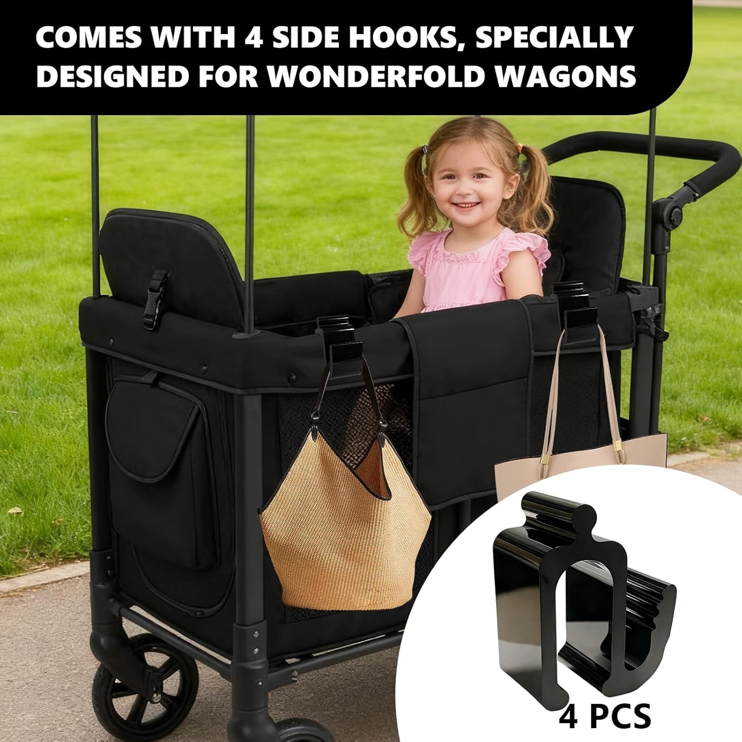 Universal Wagon Accessories, Upgraded Side Hooks with 30kg Load Capacity - Sturdy Stroller Hooks & Space-Saving Travel Organizer for All Stroller Wagon(4PCS)