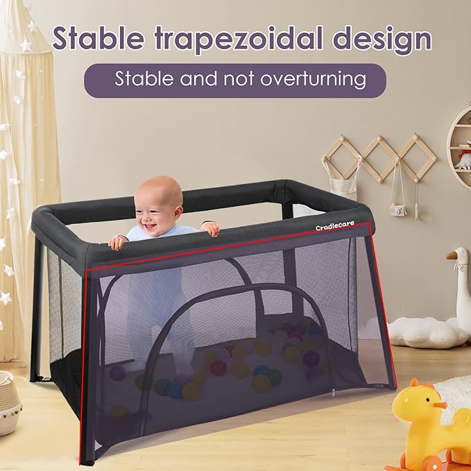 Pack and Play with Bassinet & Mattress, Lightweight Portable Baby Bed, Foldable Travel Bassinet Playard with Storage Bag, Easy Setup Playpen for Babies & Toddlers (Black)