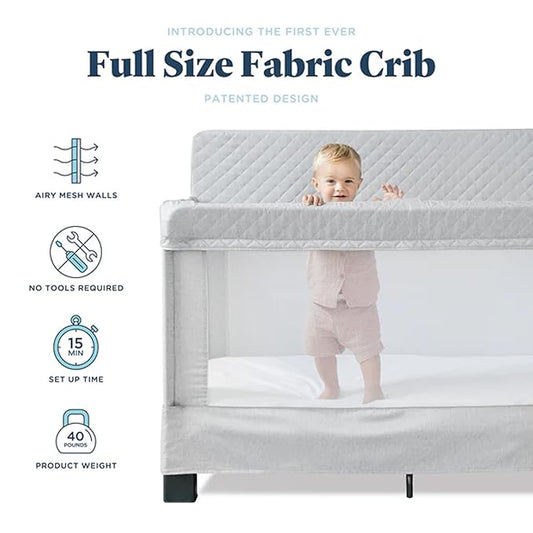 Baby Delight Horizon Full Size Crib, Breathable Mesh Walls, Tool-Free Assembly Baby Bed, Luxe Quilted Easy to Clean Fabric, Grey