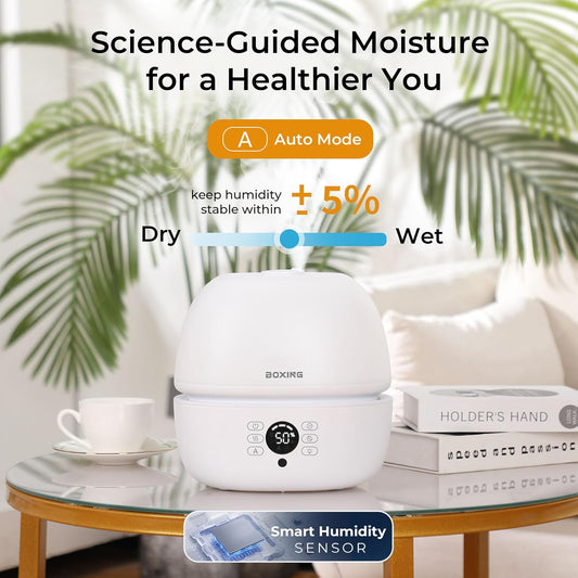 BOXING 3L Cool Mist Humidifier, Ultra Quiet 20dB for Bedroom, Baby & Office, Top Fill Air Humidifier for Home Office & Indoor Plants, 30H Runtime, Essential Oil Tray, Night Light, BPA-Free, White