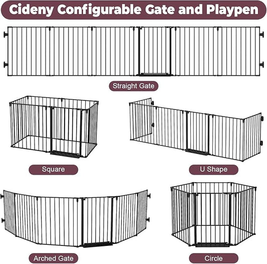 144" Extra Wide Baby Gate with Door, Configurable 6 Panels Baby Fence, Fireplace Gate with Anti-Trip Pedal, Family Essentials Safety Gate for Child Dogs Pets, 28'' Tall Black