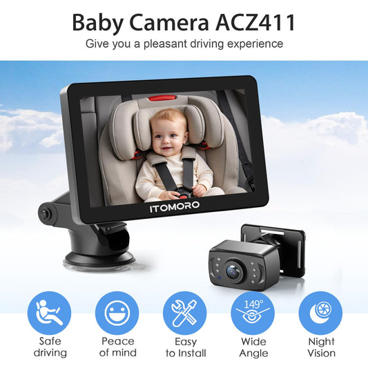 Itomoro Rear Facing Mirrors, 7'' HD 1080P Baby Car Camera, Infrared Night Vision Function Camera with 150° Wide View & 360° Rotatable Easy Installation in 5 Mins