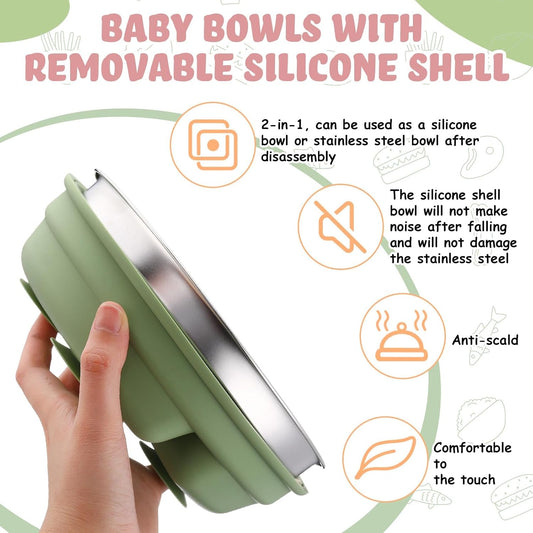 Nuogo 2 Pcs Stainless Steel Baby Suction Plates with Removable Silicone Shell 2-in-1 Metal Toddler Bowl Divided for Picky Eaters Kids Feeding Led Weaning Supplies, Dishwasher Safe (Purple,Green)